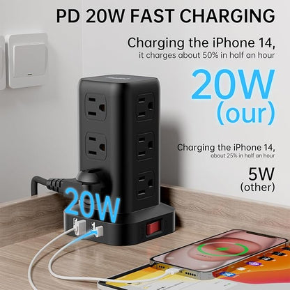 PD20W Surge Protector Power Strip Tower, 15FT Extension Cord - Image 2