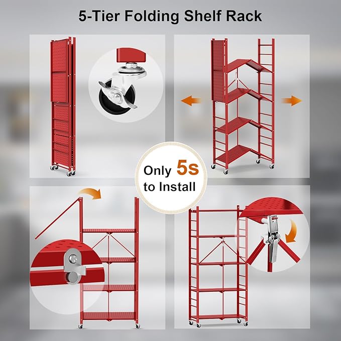 Storage Shelves with 20 Hooks, 5-Tier Foldable Shelves - Image 6