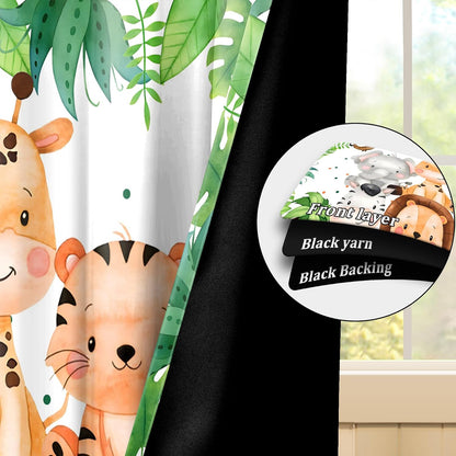 Renaiss 42 x 63 Inch Safari Animal Blackout Curtains for Kids Bedroom Tropical Rainforest Lions Tigers Elephants Giraffes African Jungle Plant Print Curtain Drapes for Baby Nursery Room Decor 2 Panels
