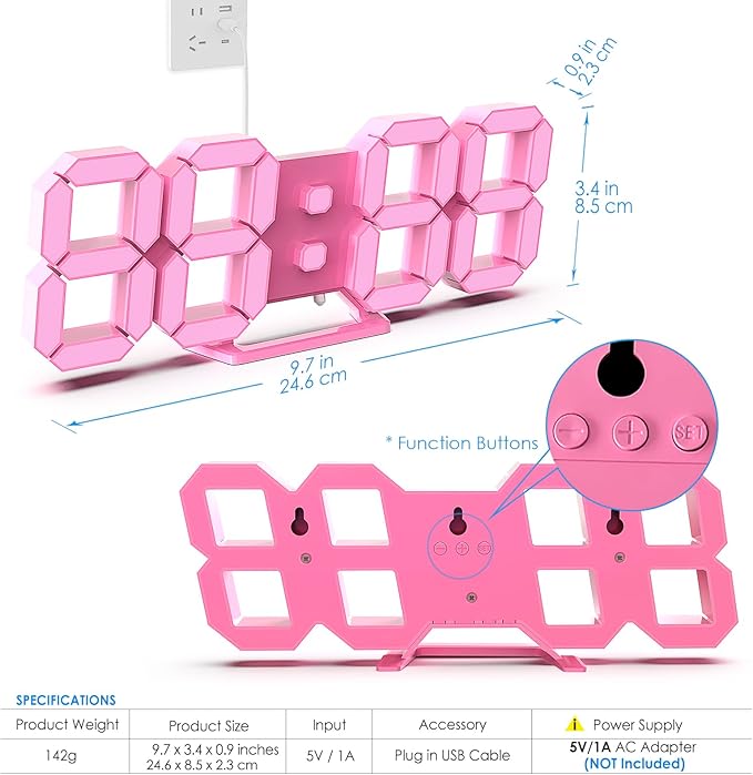 KOSUMOSU Pink LED Clock 3D Wall Clock 9.7" Table Clock - Image 4
