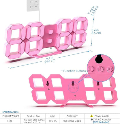 KOSUMOSU Pink LED Clock 3D Wall Clock 9.7" Table Clock - Image 4