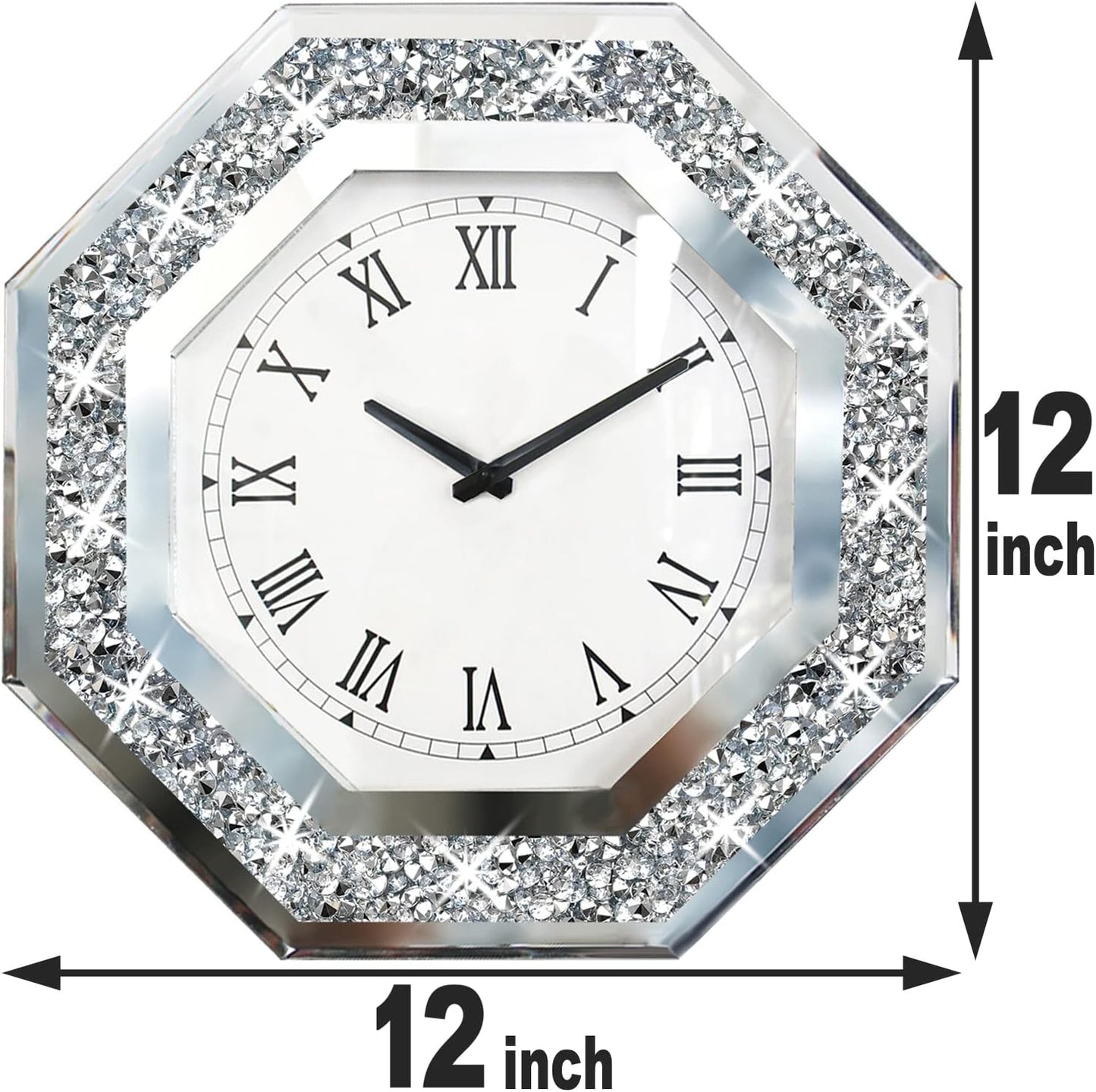 Wall Clock, Octagon Mirror Glass Clock, Cute Diamond 12-inch Non-Ticking Clock for Wall Décor, Perfect Home Decor for Bedroom, Bathroom Motif, Dining Room(Excluding Batteries.)