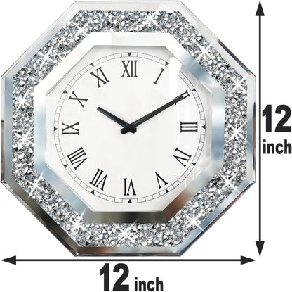 Wall Clock, Octagon Mirror Glass Clock, Cute Diamond 12-inch Non-Ticking Clock for Wall Décor, Perfect Home Decor for Bedroom, Bathroom Motif, Dining Room(Excluding Batteries.)