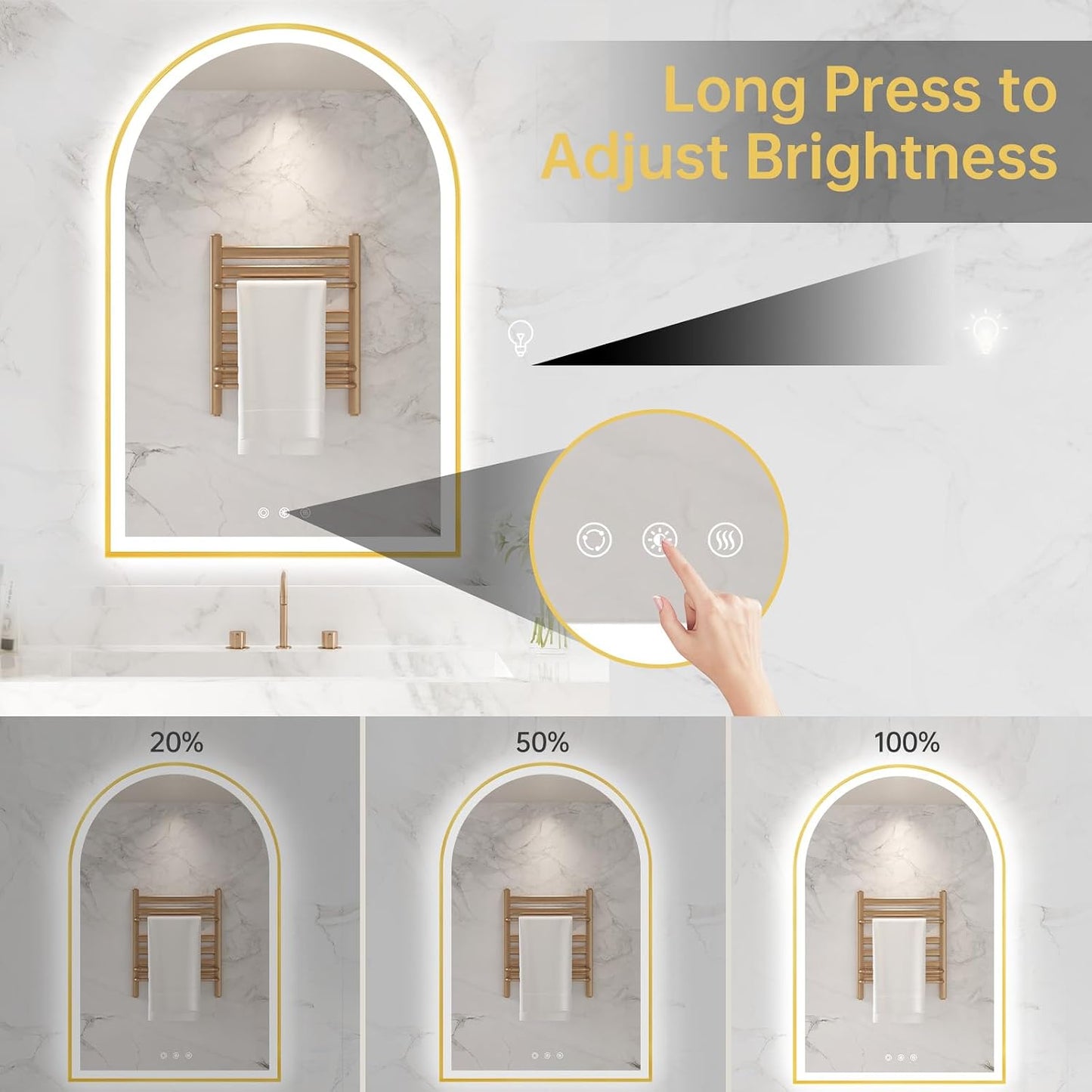 24"x36" Arched LED Lighted Bathroom Mirror with Lights | Gold Aluminum Frame, Fogless, Dimmable, Shatterproof, Touch Sensor, 3 Color Changing