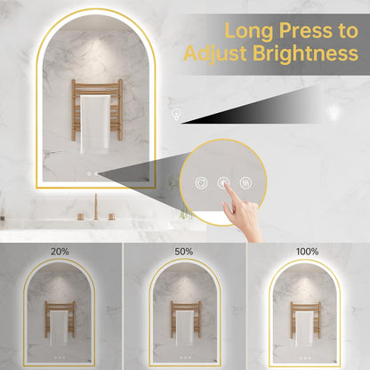 24"x36" Arched LED Lighted Bathroom Mirror with Lights | Gold Aluminum Frame, Fogless, Dimmable, Shatterproof, Touch Sensor, 3 Color Changing