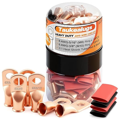 20PCS 6 AWG 5/16 3/8 inch Battery Cable Lugs, 6 Gauge Copper Crimp Connector by TAUKEALUGS