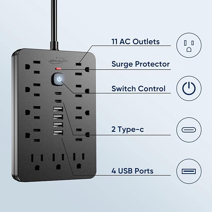 JouleLoom 20 FT Flat Plug Surge Protector Power Strip, 11 Multiple AC Outlets - Image 4