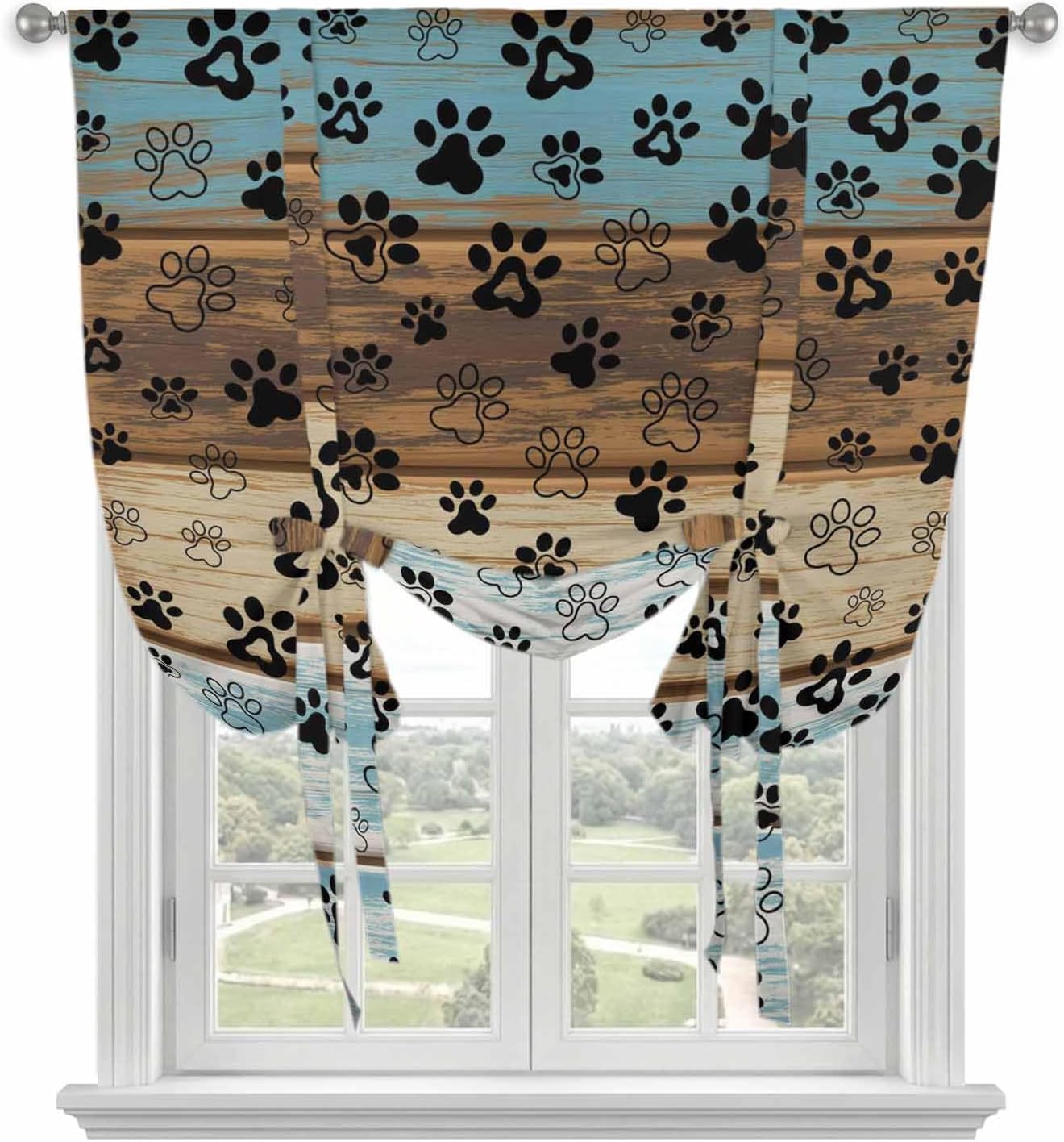 Cute Dog Claws Tie Up Curtains for Window, Farmhouse Blue Wooden Puppy Pawprints Thermal Insulated Balloon Shade Adjustable Rod Pocket Curtains Valance Panels for Kitchen Bathroom Café 52'' x 45''