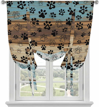 Cute Dog Claws Tie Up Curtains for Window, Farmhouse Blue Wooden Puppy Pawprints Thermal Insulated Balloon Shade Adjustable Rod Pocket Curtains Valance Panels for Kitchen Bathroom Café 52'' x 45''