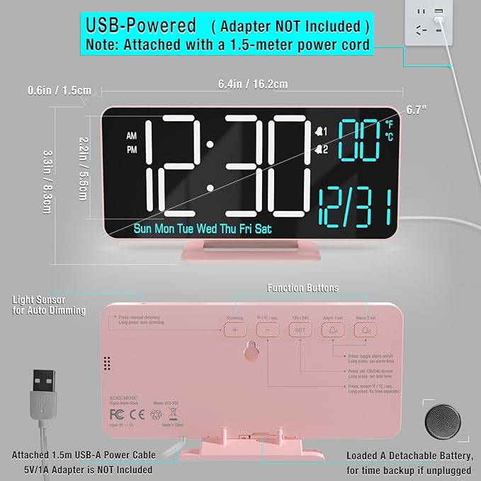 KOSUMOSU Clock for Bedroom, 6.7in Digital Alarm Clock, Auto Dimming, Room - Image 4