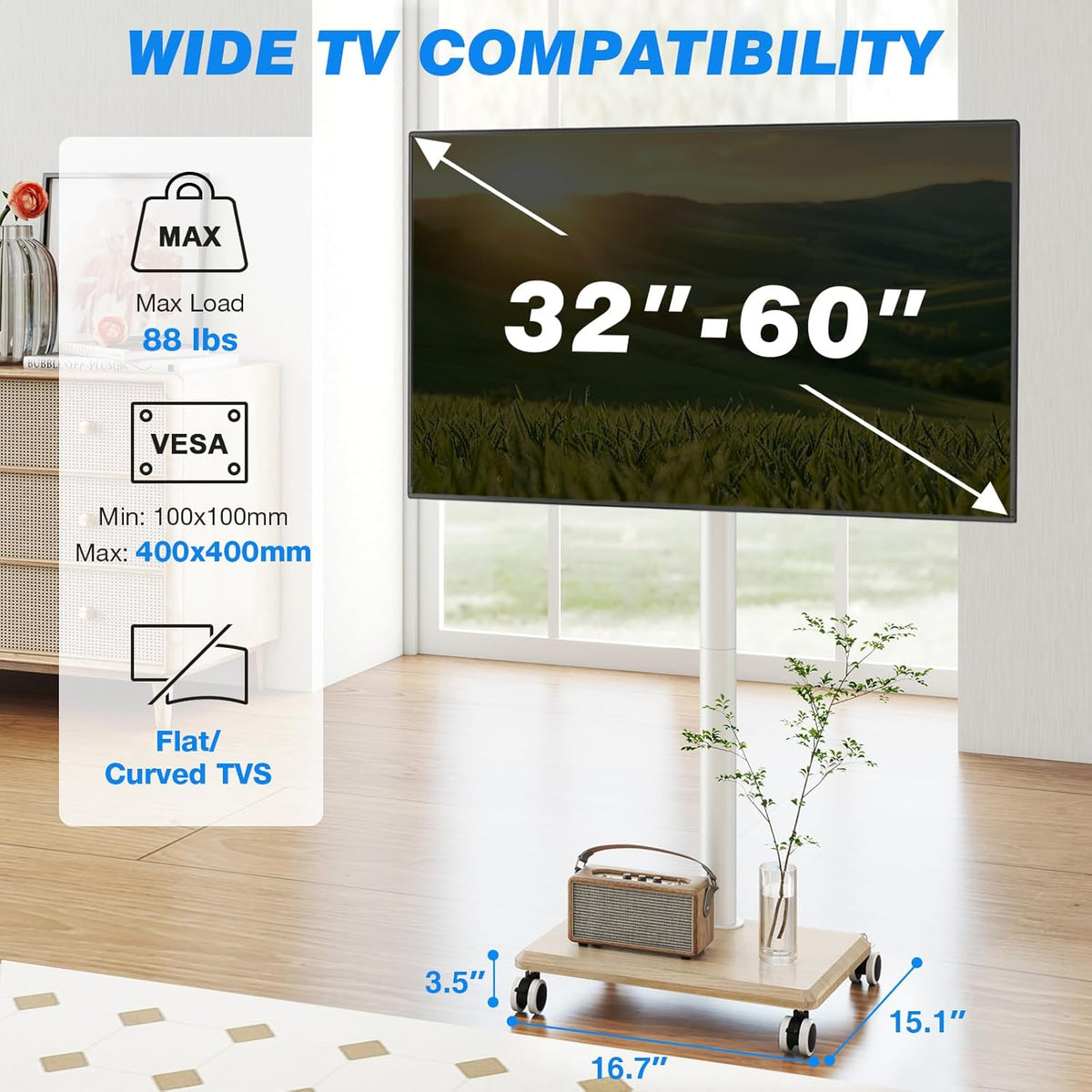 Rfiver Rolling TV Stand for 32 to 60 Inch TV up to 88lbs Wood Base White