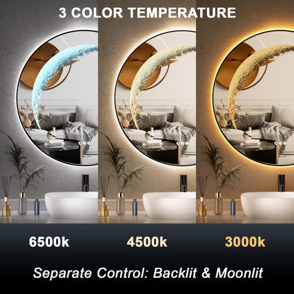 Black Round Mirror 30 inch, Circle Framed Mirror with Backlit & Half Moon Light, Anti-Fog, 3 Color Modes, Dimming Wall-Mounted LED Mirrors for Bathroom, Home Decor, Bathroom, Entryway