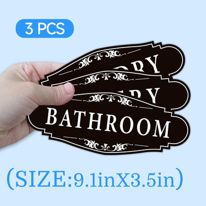 3PCS Bathroom/Laundry Room/Pantry Door Signs Sticker, Self-Adhesive | Weatherproof and Fade-Resistant Vinyl Bathroom Door Decal Decor for Home, House, Business, Office, Apartment（9" x 3.5"）
