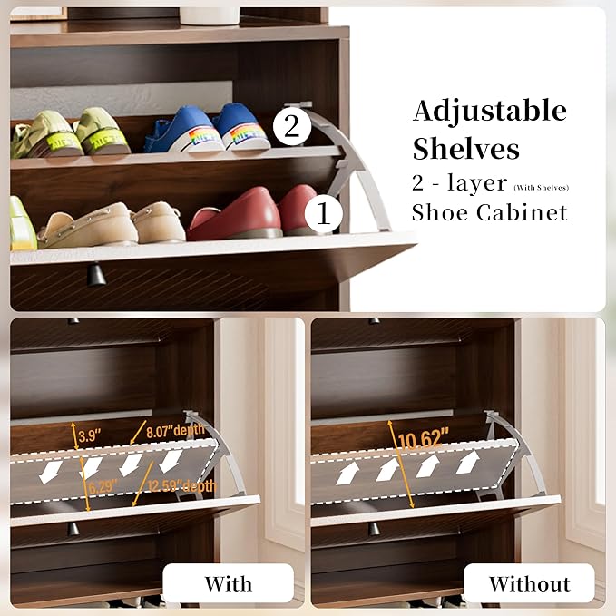 Shoe Cabinet for Entryway with 2 Flip Drawers & Coat Rack, Narrow Hidden Shoe - Image 5