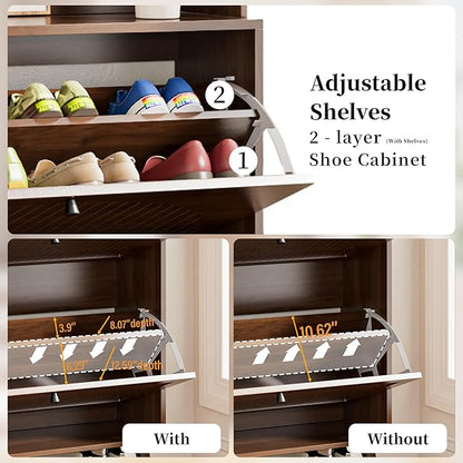 Shoe Cabinet for Entryway with 2 Flip Drawers & Coat Rack, Narrow Hidden Shoe - Image 5