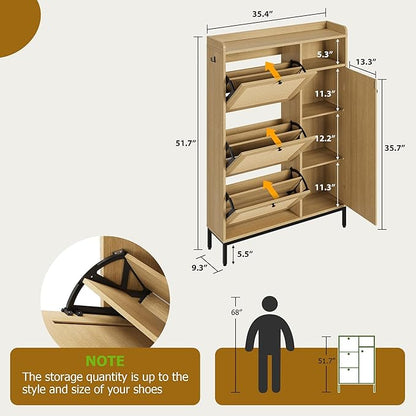 Rattan Wooden Shoe Cabinet, Freestanding 3-Flip Drawer Shoe Storage Organizer - Image 2
