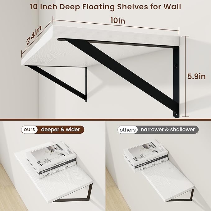 Axeman Deep Floating Shelves | 24 Inch White Wall Shelves Set of 2 | 10 Inch - Image 3