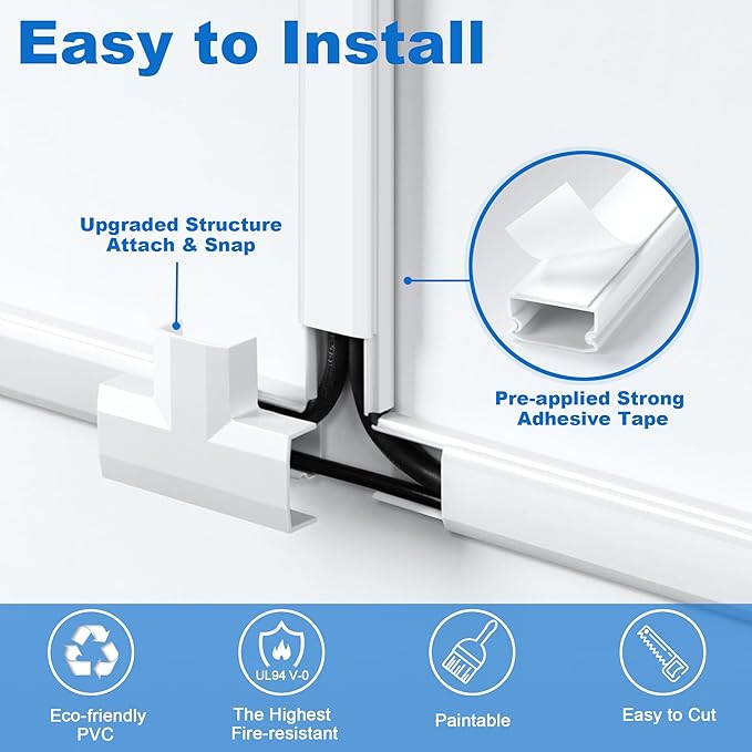 ZhiYo Cord Hider Wall Kit, 87in Cord Cover Wall Mounted TV, Wire Covers - Image 4