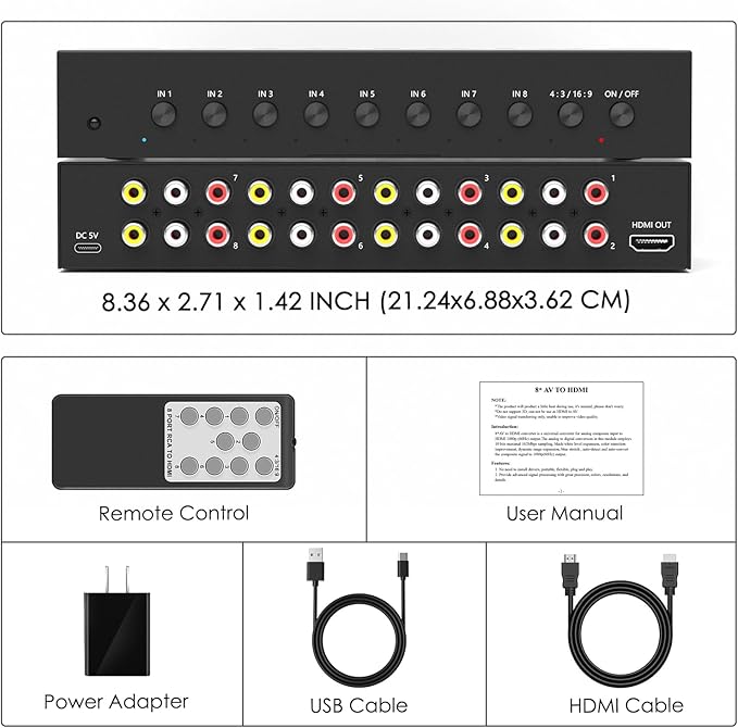 8 Port RCA to HDMI AV to HDMI Converter 1080P/720P 8 Way RCA Composite CVBS AV - Image 7