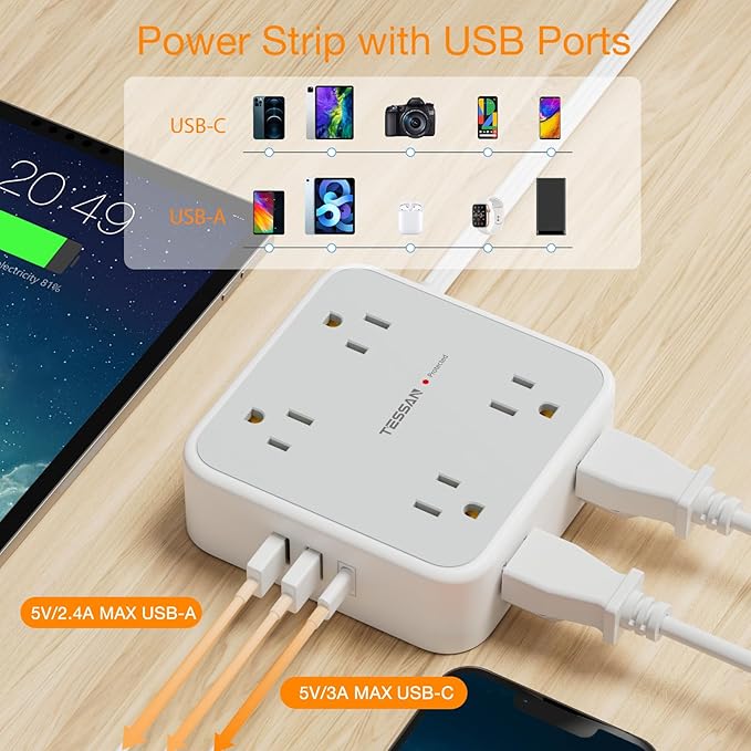 Flat Plug 20 FT Long Extension Cord, TESSAN Ultra Thin Power Strip Surge - Image 6