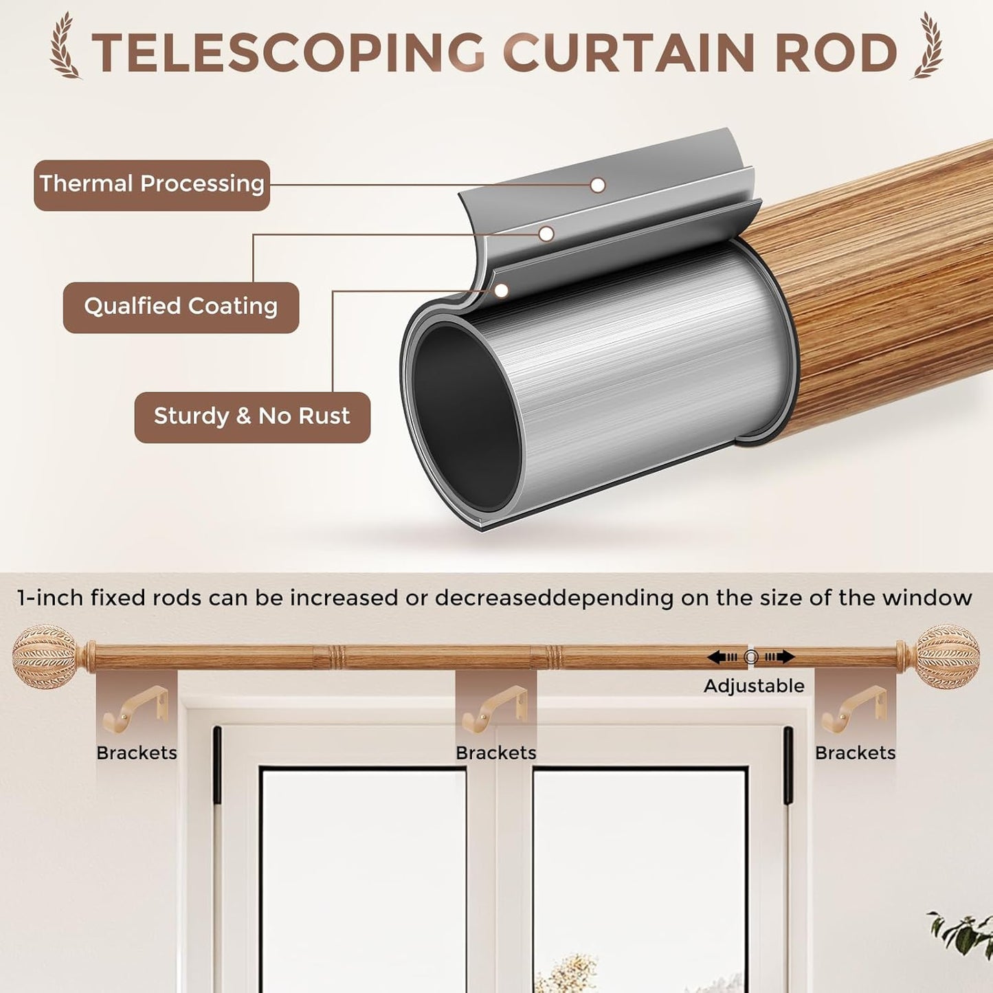 2 Pack Wood Curtain Rod for Windows 48 to 84 Inch, 1'' Diameter Adjustable Heavy Duty Rustic Farmhouse Drapery Rods with Boho Imitation Wooden Grain Decorative Finials, Size: 30''-88'' – Light Wood