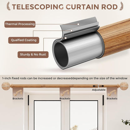 2 Pack Wood Curtain Rod for Windows 48 to 84 Inch, 1'' Diameter Adjustable Heavy Duty Rustic Farmhouse Drapery Rods with Boho Imitation Wooden Grain Decorative Finials, Size: 30''-88'' – Light Wood