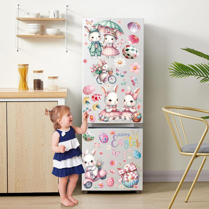 Summer Window Clings,Pink Large Easter Painting Bunnies Stickers,Spring Tulips Reusable Holiday Window Sticker for Kids,Wall Decals Decorations for Home School Office Nursery Shop,9 Sheets