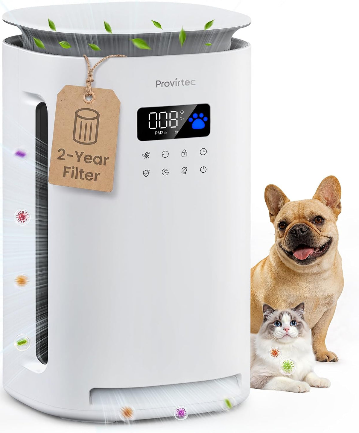 Provirtec Pet Air Purifier for Home with H13 HEPA, 4 Washable Pre-Filters