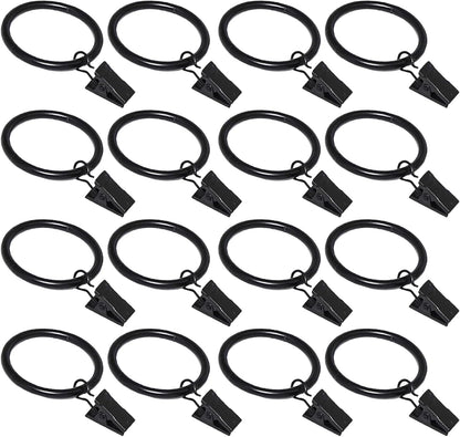 16 Pack Curtain Rings with Clips, Window Clip Rings Black Curtain Hooks Hangers Clip Rings for Hanging Drapery Drapes Bows, Small 1.26 Inch in Diameter, Fits up to 1" Rod