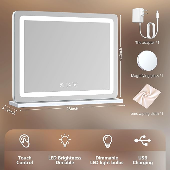 Makeup Vanity Mirror with USB Charging Port 28" x 22" Large LED Makeup Mirror - Image 5