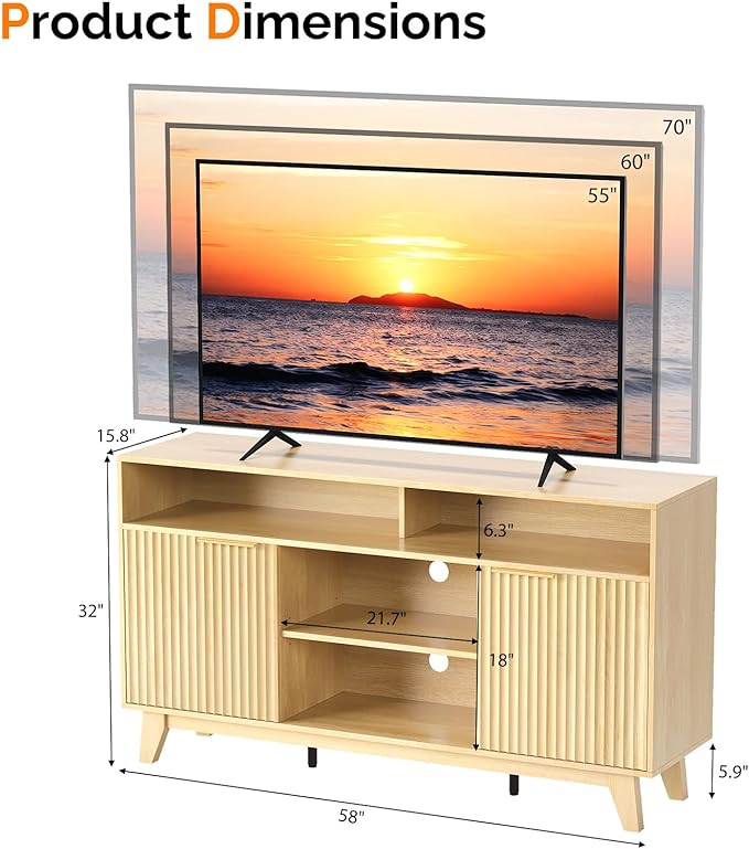 VINGLI Boho Fluted TV Stand for 70" TV, Solid Wood Entertainment Center - Image 5