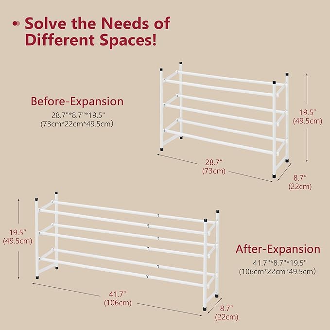 Tajsoon Expandable Shoe Rack for Closet 3 Tier, 28“-41“Adjustable & Stackable - Image 3