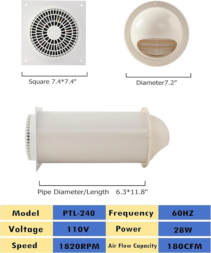 MEOZRI Through-the-Wall Ventilation Fan Exhaust Fan White Cover 6-inch Diameter - Image 2