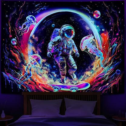 Heopapin Blacklight Astronaut Space Tapestry UV Reactive Planet Jellyfish Wall Tapestry Skateboard Astronaut Space Journey Art Tapestries Wall Hanging for Room L59×W51