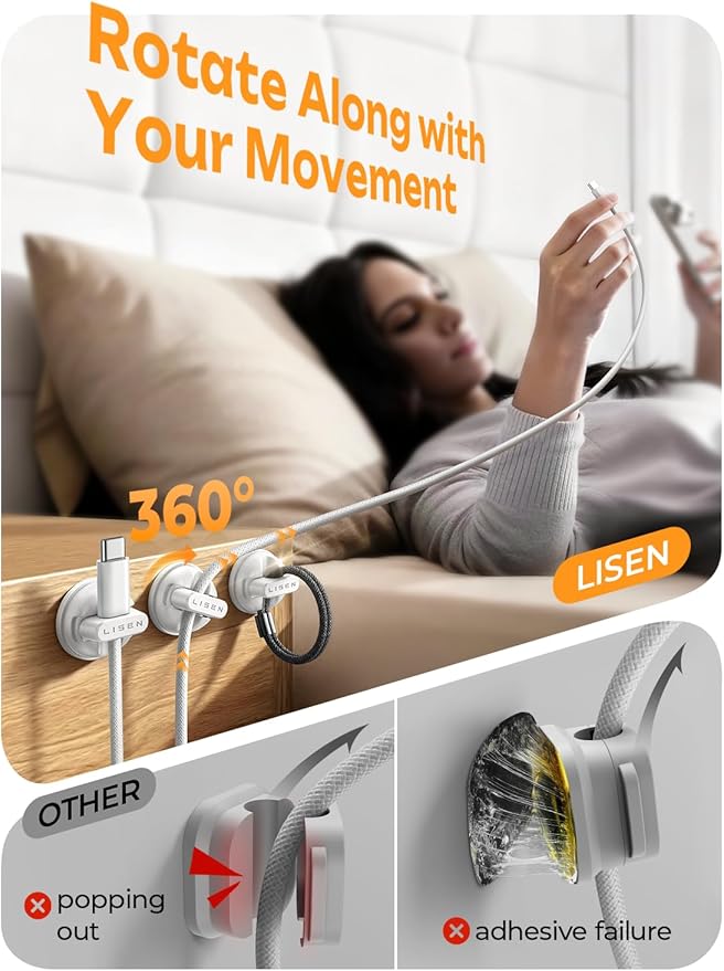 6-Pack Rotatable Cord Holder for Nightstand, LISEN 360°Rotating Magnetic Clips - Image 2
