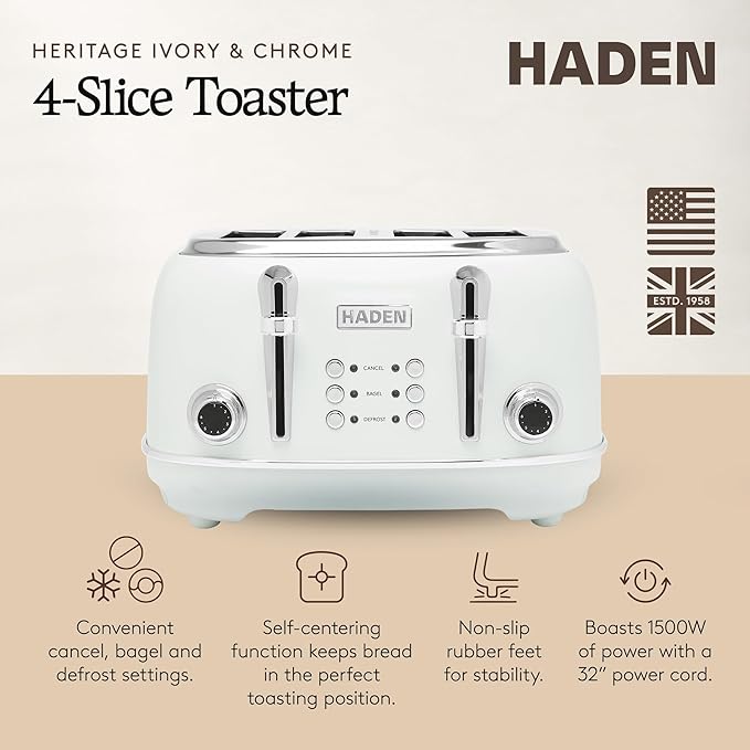 HADEN Heritage Toaster with Extra Wide Slots, Ivory & Chrome - Image 2
