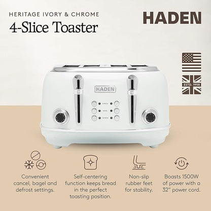 HADEN Heritage Toaster with Extra Wide Slots, Ivory & Chrome - Image 2