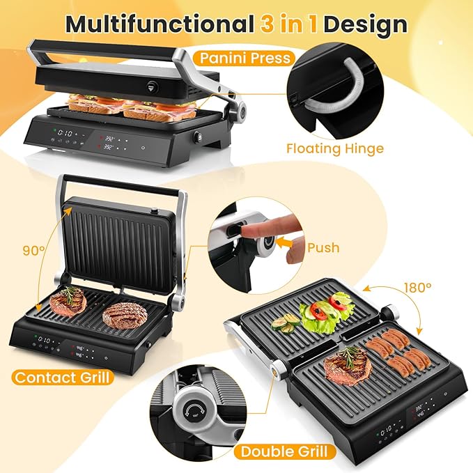 COSTWAY Electric Panini Press Grill, 1200W Gourmet Sandwich Maker w/Non-Stick - Image 3