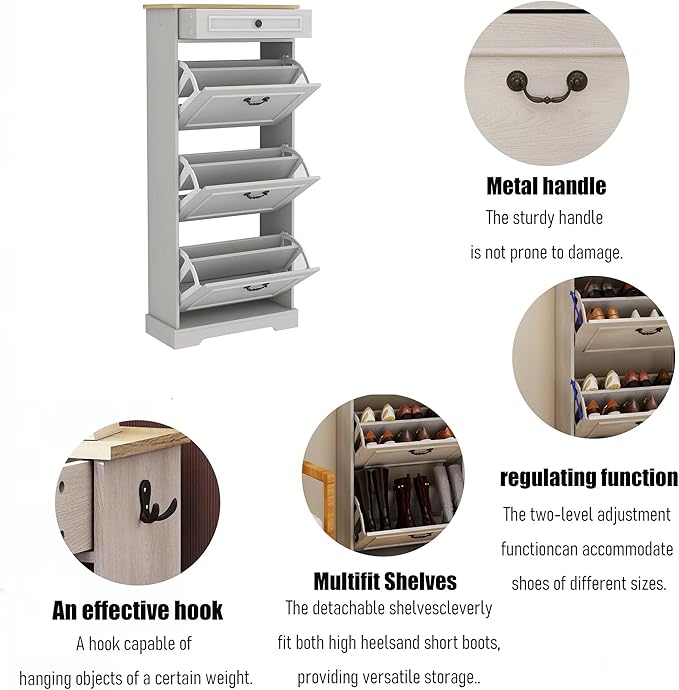 Shoe Storage Cabinet with 3 Flip Drawers&1 Drawer, Freestanding Shoe Cabinet - Image 7