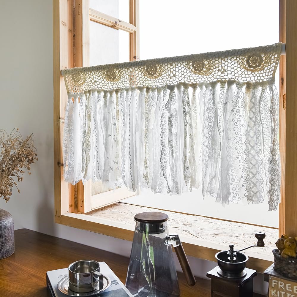 Boho Kitchen Curtains Short Shabby Chic Lace curtain for Bedroom Handmade Cotton Crochet Lace Kitchen Valance Country Cottage Cafe Curtain 16 inch Long Bohemian Wedding Decor 30x16 Inch,Cream
