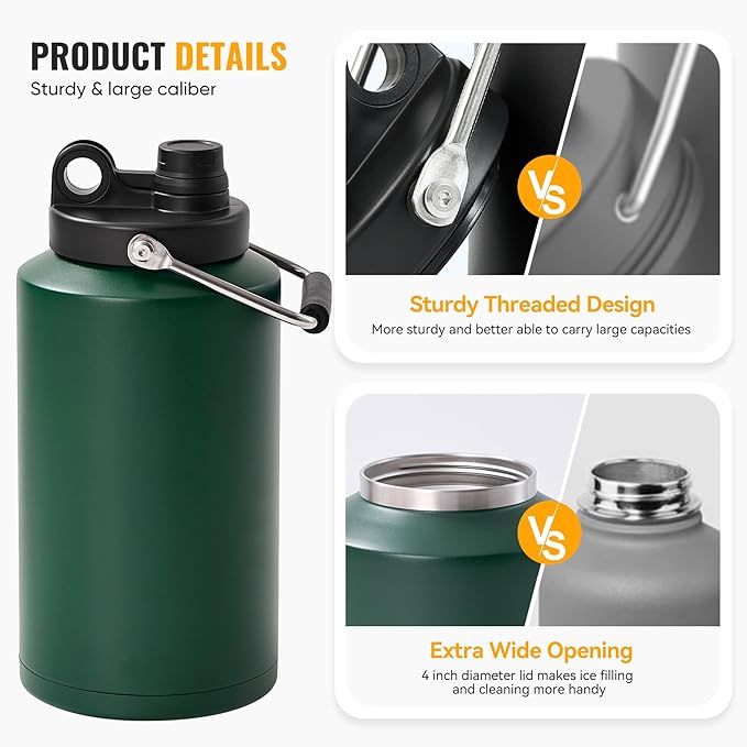 Insulated Gallon Jug with Handle, One Gallon, 128oz Stainless Steel, Large - Image 6