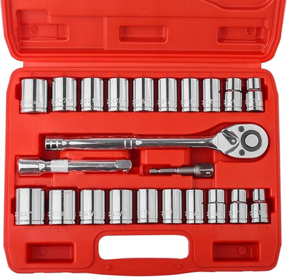 Egofine 1/2" Drive Socket Set, 23 Piece Standard SAE and Metric 6 Point by Egofine