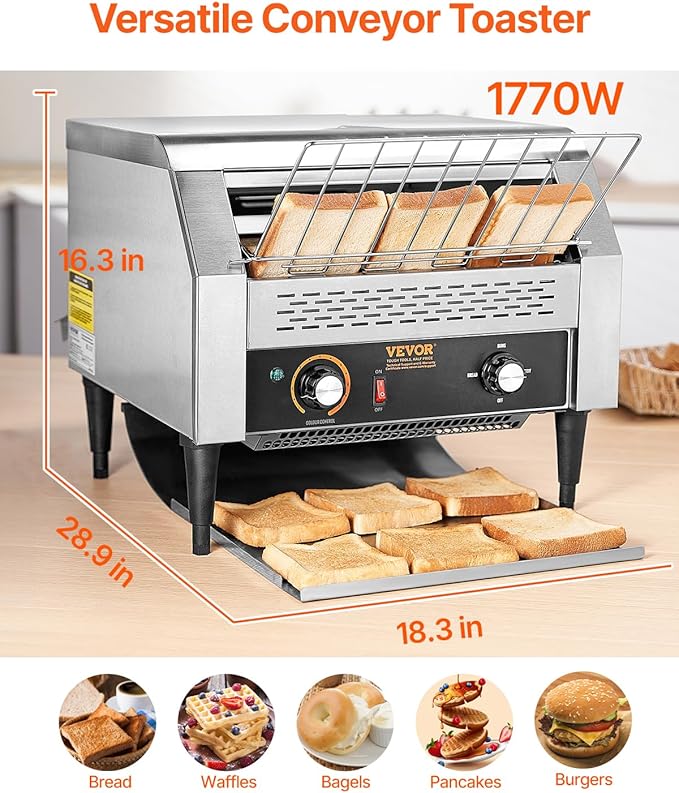 VEVOR 1770W Commercial Conveyor Toaster, 450 Slices per Hour, Heavy Duty - Image 2