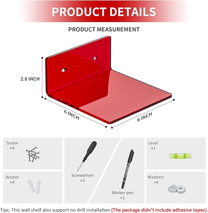 6 Inches Acrylic Small Wall Shelves, Acrylic Display Ledges - Image 2