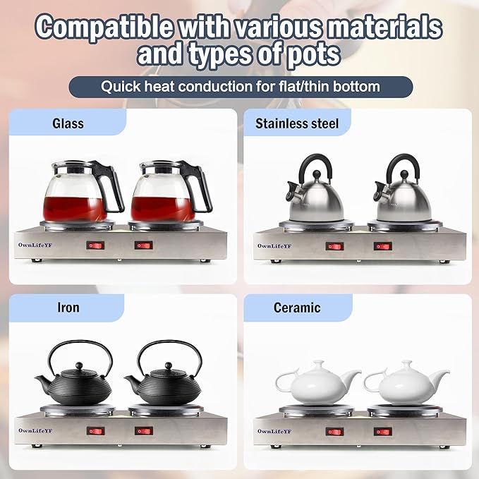 Commercial Double Coffee Carafe Warmer, Stainless Steel, 2 Burners Decanter - Image 4