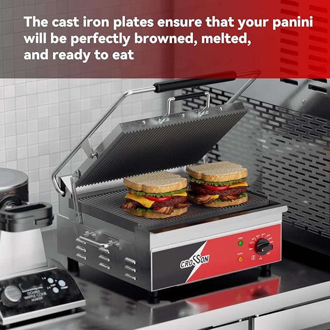 CROSSON 15"×11" Ribbed ETL Listed Commercial Electric Panini Grill, Hinged Auto - Image 3