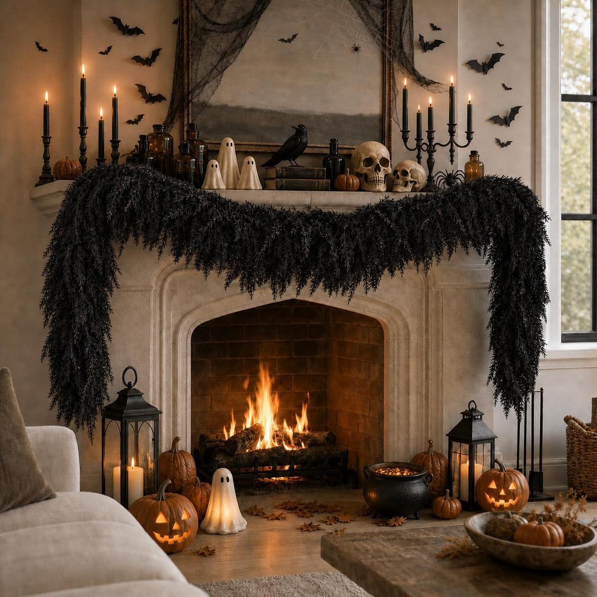 Black Halloween Mantle Garland Decor Gothic Garlands for Decorations 6Ft Fire...