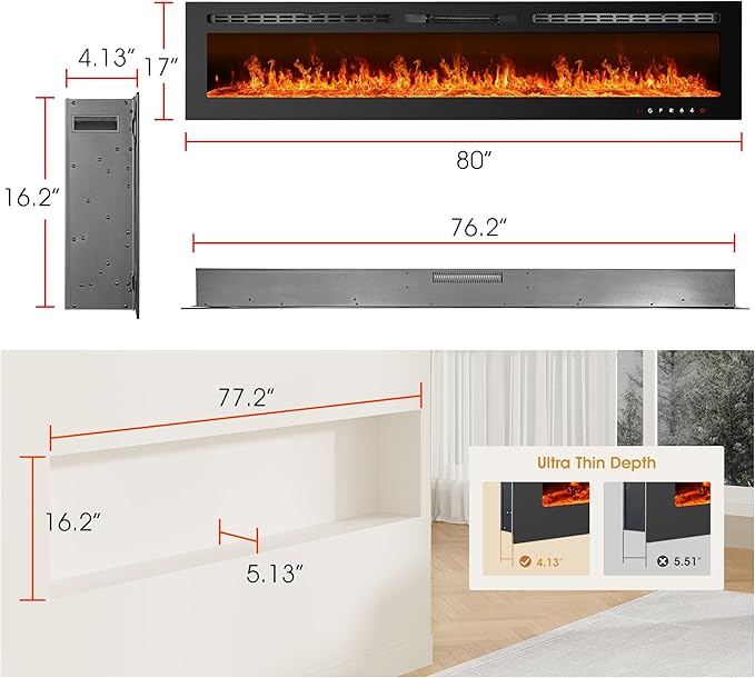 80 inch Ultra-Thin Electric Fireplace Recessed and Wall Mounted - Image 7