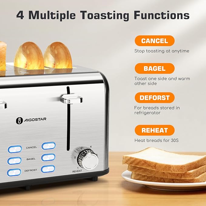 Aigostar Toaster 4 Slice 1.6" Wide Slot Stainless Steel Toasters - Image 5