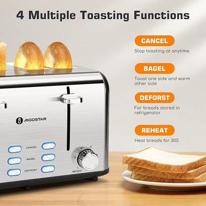 Aigostar Toaster 4 Slice 1.6" Wide Slot Stainless Steel Toasters - Image 5